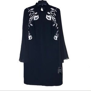 SLNY White Floral Embroidered Black Shift Dress